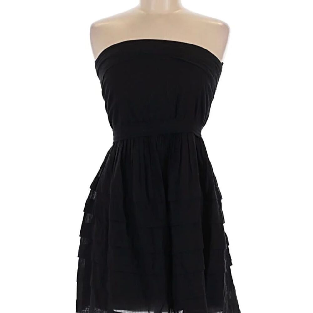 Sandro Paris Black Tiered Ruffle Strapless Dress w/ exposed gold zipper Size 2 M